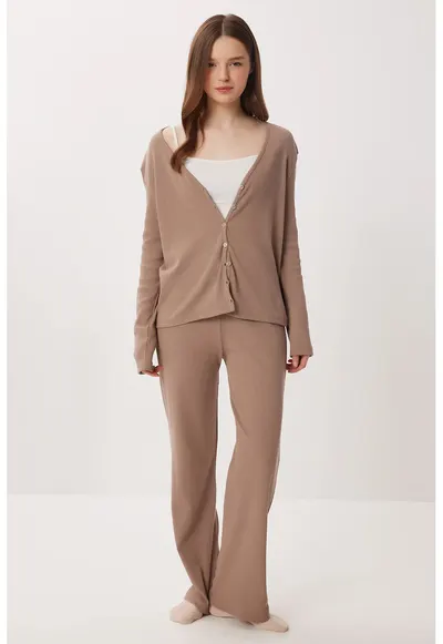 Set pijamale - Happiness Istanbul - cu cardigan lung - decolteu in V - bej natural - bumbac 95%