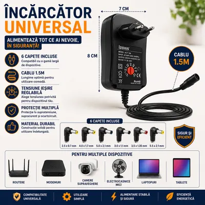 Incarcator universal 30W, 6 capete interschimbabile, 150cm cablu, 3V-12V, USB
