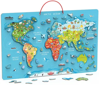 Puzzle magnetic din lemn Viga - harta lumii și tablă de scris