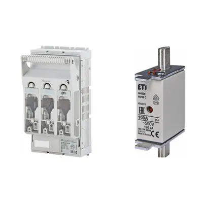 Pachet Protectie Circuit Trifazat: Soclu Siguranta Fuzibila NH00 3P (M8/M8), Siguranta Fuzibila NH000 gG 100A 500V