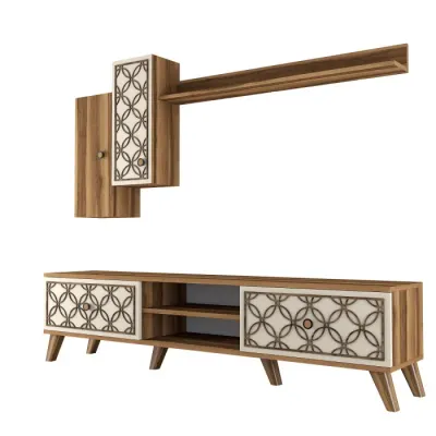 Set Living CLASS S, comoda TV cu raft de perete si dulapuri, nuc + crem