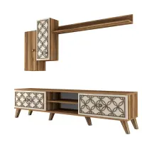 Set Living CLASS S, comoda TV cu raft de perete si dulapuri, nuc + crem