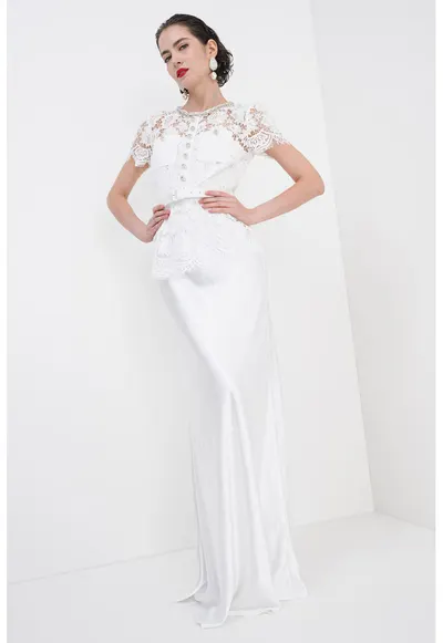 Rochie lunga cu model 2in1 si dantela florala - Alb optic/Transparent