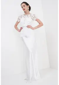 Rochie lunga cu model 2in1 si dantela florala - Alb optic/Transparent