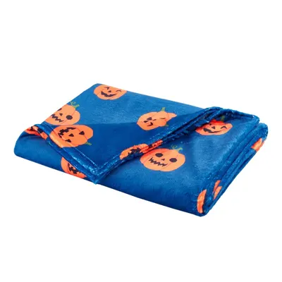 Pătură albastră/portocalie din micropluș/cocolino 130x170 cm cu model de Halloween Halloween Pumpkins – Catherine Lansfield