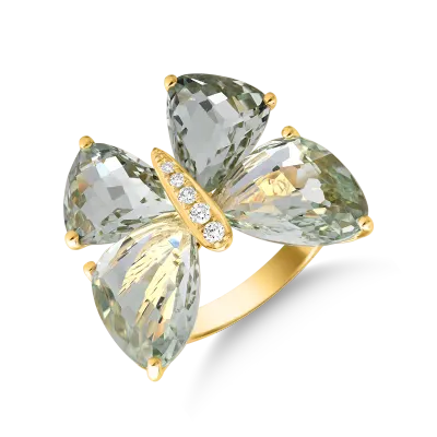 Inel cu fluture din aur galben cu ametiste verzi de 12.4ct si diamante de 0.07ct