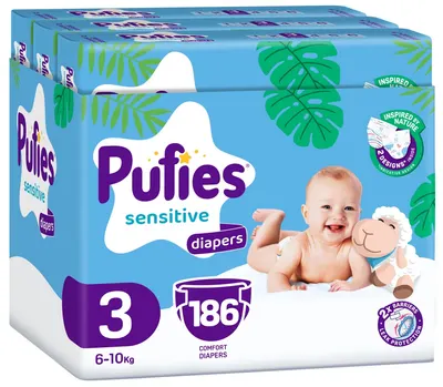 Scutece pentru bebeluși Pufies Sensitive – Midi, mărimea 3, 186 bucăți, 6-10 kg, Maxi Pack 3