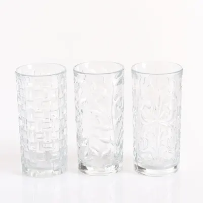 Set 3 pahare din sticla cu modele decorative 380 ml