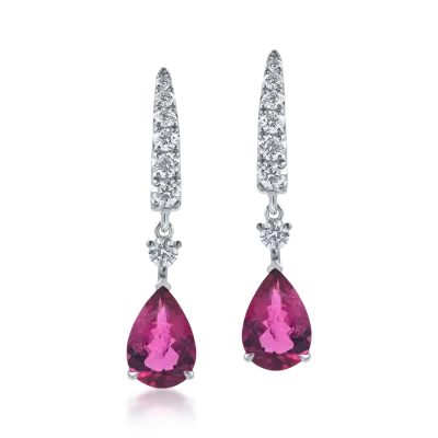 Cercei geometrici din aur alb cu rubelite pear si diamante de 2.8ct