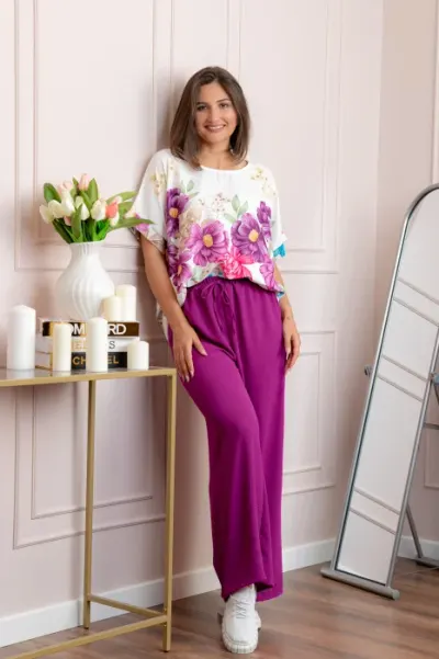 Compleu dama Deborah cu bluza vaporoasa si pantaloni largi - Mov