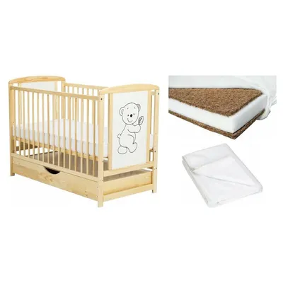 Set Patut din lemn bebe Babyneeds, Timmi cu sertar, 120x60 cm, Natur + Saltea patut bebe, Cocos Confort II, Cu fibre de cocos si strat de burete, 120x60x10 cm + Protectie impermeabila, Pentru patuturi 120x60 cm, Alb