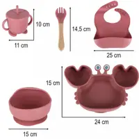Set complet de hranire copii, Ikonka, cu 9 piese din silicon, pentru diversificare hrana, pink Crab