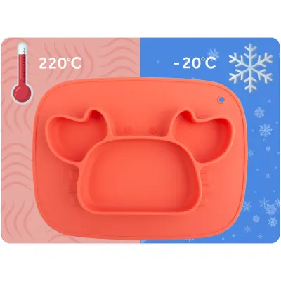 Farfurie compartimentata Ricokids Crab Rosu cu capac din silicon ,fara bpa,potrivit pentru masina de vase si microunde