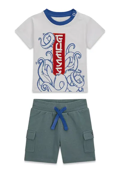 Set de pantaloni scurti si tricou din bumbac cu logo brodat - Alb/Albastru inchis/Albastru petrol