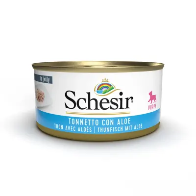 SCHESIR Complementary Puppy, XS-XL, Ton și Aloe Vera, conservă hrană umedă câini junior, (în aspic), 150g