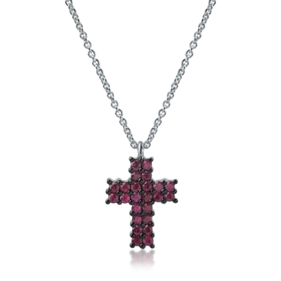 Lant cu pandantiv cruce din aur alb cu rubine de 0.65ct