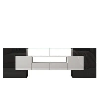 Dulap TV cu iluminare LED, suprafețe din sticlă, cu 6 uși, 2 sertare și 3 compartimente, 145x30x51 cm, Alb+Negru