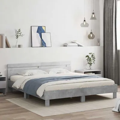 vidaXL Cadru de pat cu tăblie și LED, gri beton, 160x200 cm