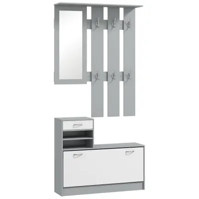 HOMCOM Set de Mobilier pentru Hol cu Raft pentru Pantofi, Oglindă și 2 rafturi Reglabile, 90x24x177 cm, Gri | Aosom Romania