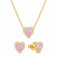 Set bijuterii Colier si Cercei Pink Heart cu Aur
