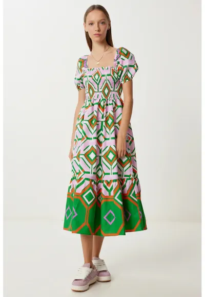 Rochie Midi Happiness Istanbul cu Imprimeu Batik - Detalii cu Volane - Verde - Poliester-Bumbac