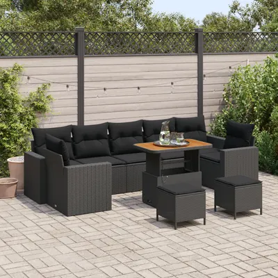 Set canapea gradina Gossi 10 piese cu perne negru poliratan acacia, set de dining gradina Gossi 3 piese cu perne negru poliratan acacia