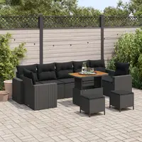 Set canapea gradina Gossi 10 piese cu perne negru poliratan acacia, set de dining gradina Gossi 3 piese cu perne negru poliratan acacia