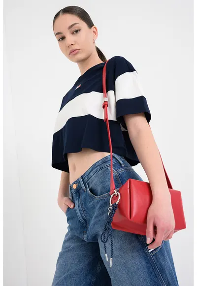Tricou crop cu logo - Alb murdar/Bleumarin