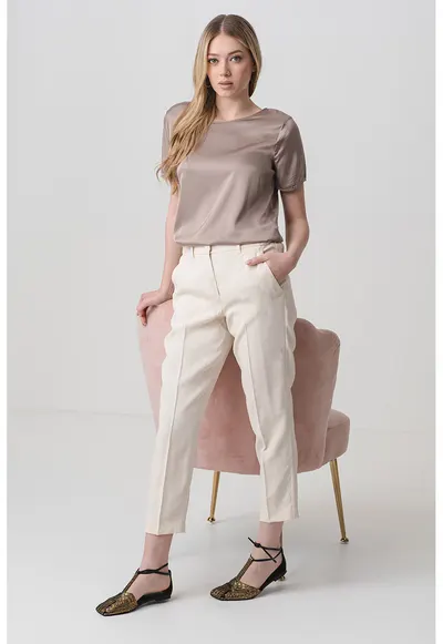 Pantaloni plisati din amestec de in - Crem
