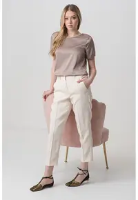 Pantaloni plisati din amestec de in - Crem