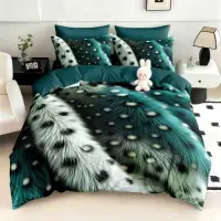 Lenjerie pat dublu, FINET, Imprimeu Digital 5D - Identic cu poza, Cu ELASTIC, 6 piese, Pucioasa, Verde, abstract elegant