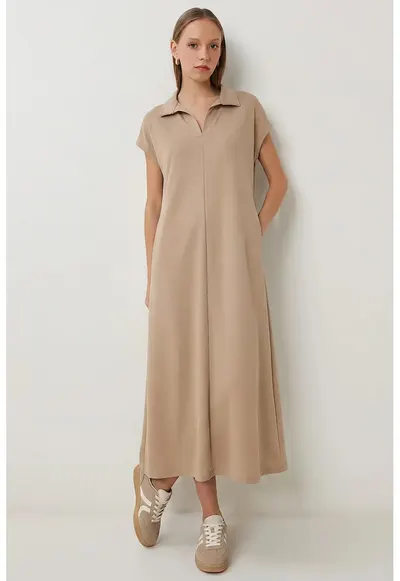 Rochie Midi Happiness Istanbul - Guler Polo - Buzunar - Bej Natural - Bumbac cu Elastan