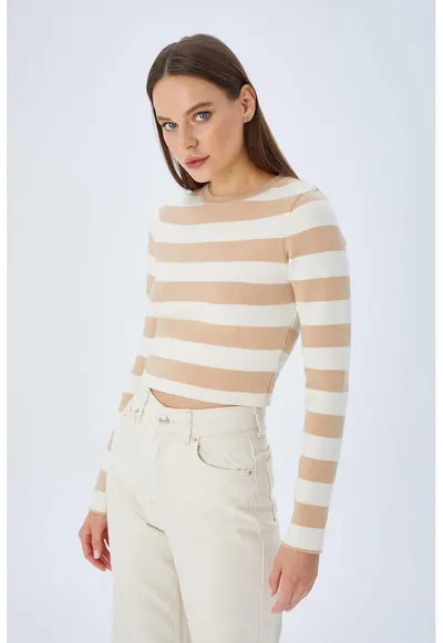 Pulover tricotat HiCCUP - cu nervuri si dungi - bej - tricot