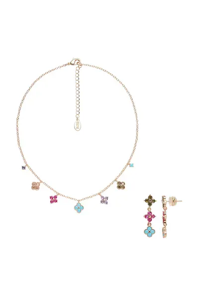 Set de cercei si colier din metal cu pandantive cu cristale in forma de floare - Roz/Albastru/Bronz