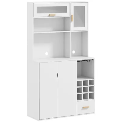 HOMCOM Dulap de Bucătărie cu Depozit de Vinuri, Bufet cu Cabină, Blat cu Microunde, Sertar, Poliță, Uși din Sticlă, 100x38x172 cm, Alb | Aosom Romania