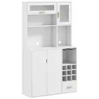 HOMCOM Dulap de Bucătărie cu Depozit de Vinuri, Bufet cu Cabină, Blat cu Microunde, Sertar, Poliță, Uși din Sticlă, 100x38x172 cm, Alb | Aosom Romania