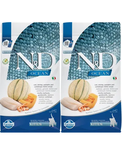 FARMINA N&D Ocean Cat Kitten cod, shrimp, pumpkin & cantaloupe melon 2 x 1,5 kg hrana uscata pisoi, pisici gestante/alapteaza, cod, creveti, dovleac si pepene galben