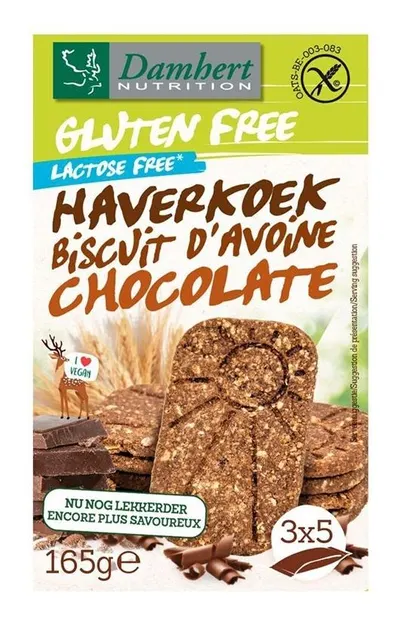 Biscuiți cu ovăz cu ciocolată, fără gluten și lactoză, 165 g, Damhert