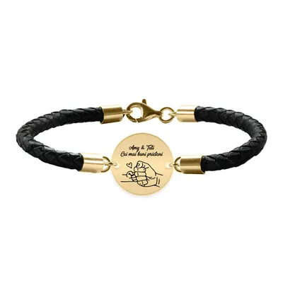 Alan - Bratara premium personalizata cu piele impletita si banut pentru tata din argint 925 placat cu aur galben 24K