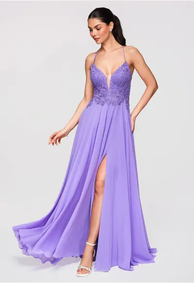 Rochie Maxi de Seara Violeta cu Dantela si Spate Decupat - Violet