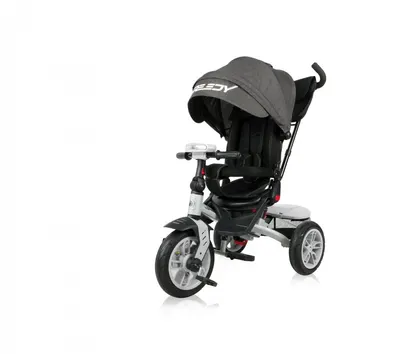 Tricicleta pentru copii Lorelli Speedy Air Black multifunctionala, 4 in 1 , scaun rotativ, spatar inalt reglabil pe 3 pozitii, maner cu control parental, 2 tipuri de suport pentru picioare