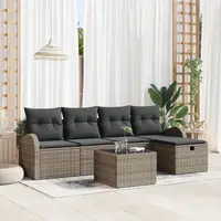 Set canapea gradina 6 piese si perne gri din ratan sintetic, canapea gradina 2 locuri cu storage si perne gri