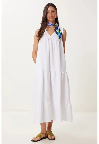 Rochie midi Happiness Istanbul - cu volane - decolteu in V - bumbac - alb
