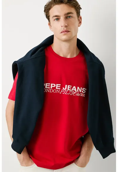 Tricou cu decolteu la baza gatului si logo pe piept - Alb/Rosu vermillion