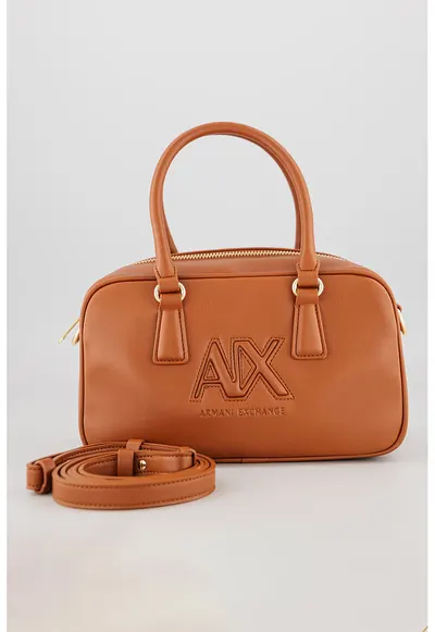 Geanta cu maner si broderie logo - Maro cognac