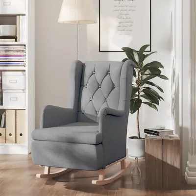 vidaXL Fotoliu picioare balansoar din lemn de hevea gri deschis textil