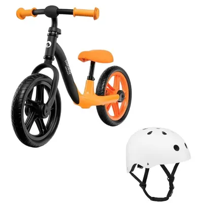 Bicicleta fara pedale, Lionelo, Alex, Usoara, Cu ghidon si sa reglabile, Greutate 3.3 Kg, Cu roti din spuma EVA, 12 inch, Portocaliu + Casca pentru copii, Reglabila 50-56 cm, Alb