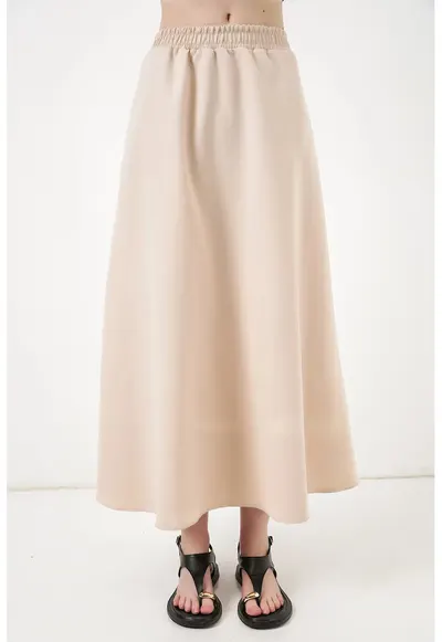 Fusta maxi talie inalta - croiala evazata - bej natural - poliester-elastan