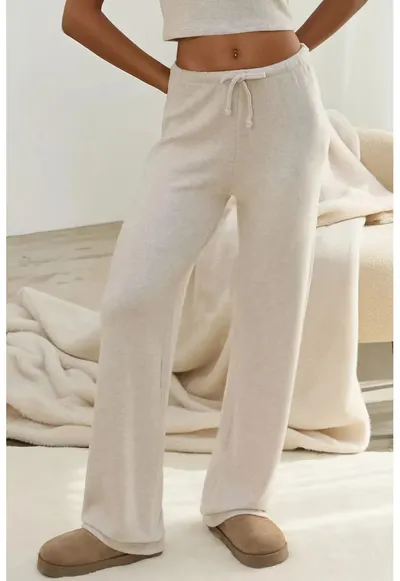 Pantaloni dama - tricotati - talie inalta - crem - material moale