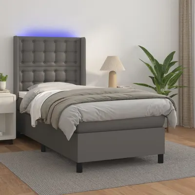 vidaXL Pat cu arcuri, saltea și LED, gri, 100x200 cm, piele ecologică